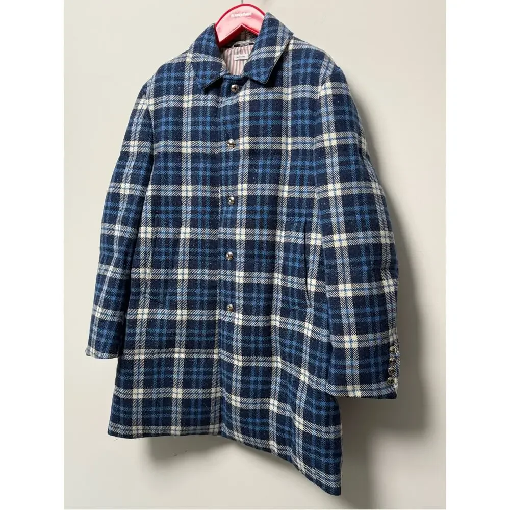 Thom Browne Size 1 Blue Plaid Wool Down Filled Overcoat Made in Italy